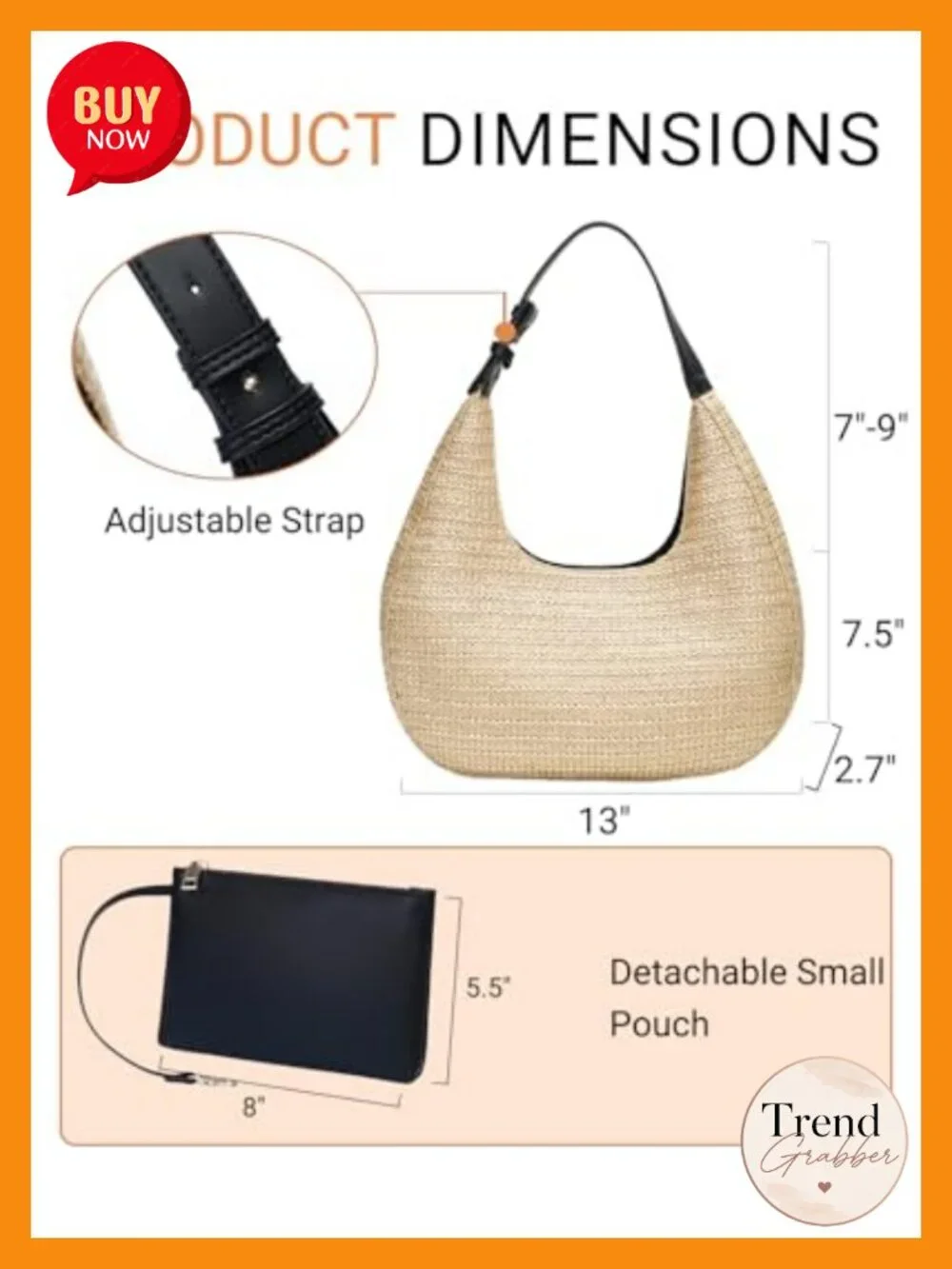 Hobo Crescent Straw Handbag with Adjustable Strap - Summer Beach Tote